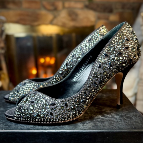 Gina Black Satin Peep Toe Austrian Crystal Embellished 3.5” Heel Sz 38/7.5